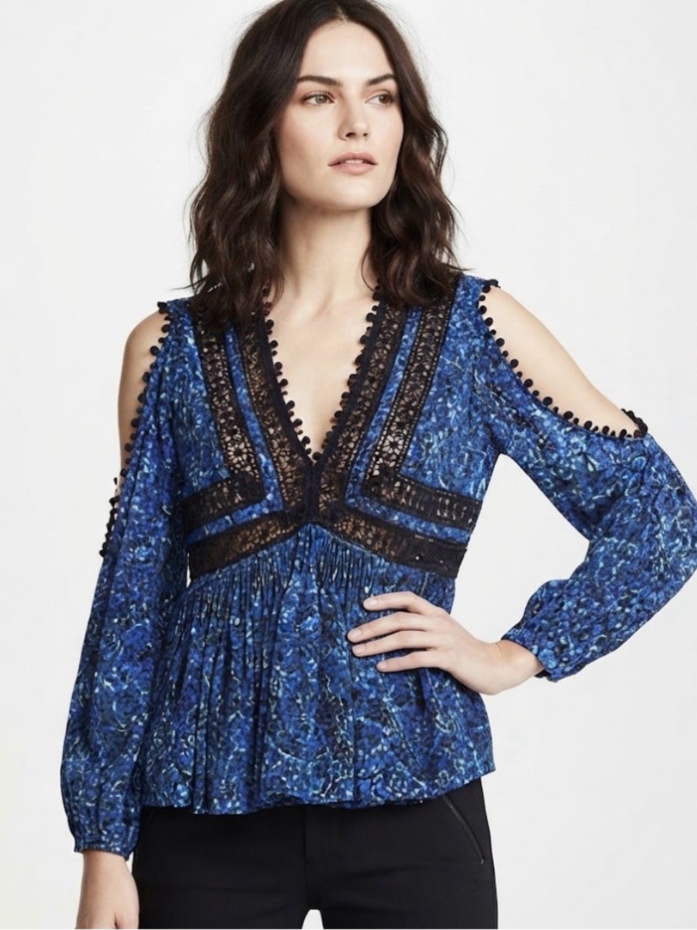 Rebecca Taylor Rainstorm Silk Blue Cold-Shoulder Lace-Pompom Trim Blouse